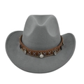 Close-up of grey felt cowboy hat featuring ethnic woven band and silver coin pendants - M (56-58cm) / Gray