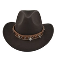 Detailed view of brown felt cowboy hat with ethnic braided band and metal pendants - M (56-58cm) / Coffee