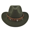 Detailed view of dark green fedora hat with ethnic patterned band and hanging metal coins - M (56-58cm) / Army Green