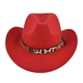 Detail of red fedora hat featuring leopard print band and silver metal buckle - M (56-58cm) / Red
