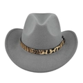 Close-up of grey wool felt fedora hat featuring a stylish leopard print buckle band - M (56-58cm) / Gray