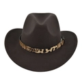 Detailed top view of dark brown wide brim felt hat with leopard print band and metal buckle - M (56-58cm) / Coffee
