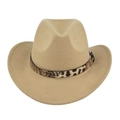 Vintage light brown felt fedora cowboy hat with leopard print belt and metal buckle - M (56-58cm) / Khaki