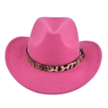 Detail of pink felt cowboy hat featuring leopard print band and silver metal buckle - M (56-58cm) / Rose Red