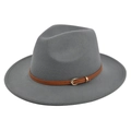 Classic grey wool fedora hat featuring a brown leather belt with gold buckle detail - M(56-58cm) / Gray