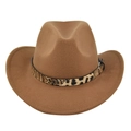 Detail of brown wool felt cowboy hat featuring a leopard print band and metal buckle - M (56-58cm) / Dark Khaki