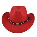 Detailed view of red felt cowboy hat with turquoise and silver studded leather band - M (56-58cm) / Red