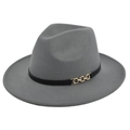 Grey wool fedora hat with flat brim and decorative black band with gold chain buckle - M (56-58cm) / Gray