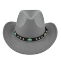 Detailed macro of vintage grey wool felt cowboy hat with turquoise and silver studded band - M (56-58cm) / Gray