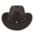 Detailed view of dark brown felt cowboy hat with turquoise gemstone and leather band - M (56-58cm) / Coffee