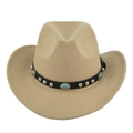 Classic camel wool felt cowboy hat with turquoise leather band and silver studs - M (56-58cm) / Khaki