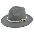 Classic mid-grey fedora wool hat with off-white braided rope and gold metal buckle - M(56-58cm) / Gray (BF156-6)