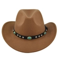 Close-up of brown wool felt cowboy hat featuring turquoise stones and silver studs - M (56-58cm) / Dark Khaki