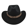 Klassieke zwarte vilten cowboyhoed met een grove gouden ketting op de rand - M (56-58cm) / Zwart (BF705-1)