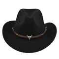 Klassieke zwarte wollen cowboyhoed met brede rand en zilveren stierenkop decoratie - M / Zwart
