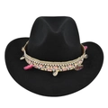 Sombrero vaquero negro de fieltro con banda étnica de borlas y adornos de conchas - M(56-58cm) / Negro