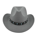 Detail of grey felt cowboy hat featuring black leather band with turquoise and silver studs - M (56-58cm) / Gray