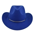 Detailed macro of royal blue felt fedora hat with gold metal band and wool texture - M (56-58cm) / Blue