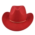 Detailed close-up of a deep red wool felt fedora with a decorative gold metal band trim - M (56-58cm) / Red