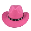 Close-up of hot pink felt cowboy hat with bohemian turquoise and silver studded hatband - M (56-58cm) / Rose Red