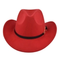 Detail of red wool felt cowboy hat featuring a black decorative band and gold buckle accent - M (56-58cm) / Red