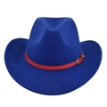 Dettaglio di cappello in feltro a tesa larga con fascia in pelle rossa e fibbia - M (56-58cm) / Blu
