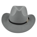 Detail of grey felt fedora featuring black leather band and gold metal buckle accent - M (56-58cm) / Gray