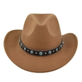 Detailed view of brown felt cowboy hat with black leather band and turquoise bead studs - M (56-58cm) / Dark Khaki