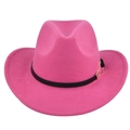 Detailed close-up of pink felt fedora hat with black band and gold buckle detail - M (56-58cm) / Rose Red