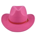 Detailansicht des pinkfarbenen Filz-Cowboyhuts mit rotem Lederband und goldener Schnalle - M (56-58cm) / Fuchsia