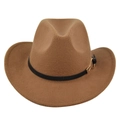 Detail of camel felt fedora with a black leather band and golden metal buckle accent - M (56-58cm) / Dark Khaki