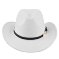 Close-up of a white felt cowboy hat featuring a black leather band and gold metal buckle - M (56-58cm) / White