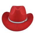 Close-up of red felt cowboy hat with light blue leather belt and gold buckle detail - M (56-58cm) / Red