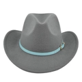 Detail of grey felt cowboy hat featuring light blue perforated belt and gold buckle - M (56-58cm) / Gray