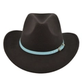 Detail view of brown felt cowboy hat featuring a light blue belt and golden metal buckle - M (56-58cm) / Coffee