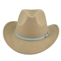 Khaki felt fedora hat with wide brim and light blue leather belt decorative band - M (56-58cm) / Khaki