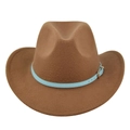 Detail view of brown felt cowboy hat featuring a light blue belt and gold metal buckle - M (56-58cm) / Dark Khaki