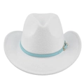 Detail of a white felt cowboy hat featuring a light blue leather band and golden buckle - M (56-58cm) / White