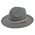 Classic grey felt fedora hat with a pastel pink leather band and gold buckle detail - M (56-58cm) / Gray