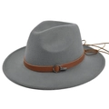 Grey wool felt fedora with brown leather belt and metal ring accessory detail - M (56-58cm) / Gray