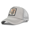 Detailed close-up of tiger embroidery on a light gray mesh trucker baseball cap - Adjustable / Gray