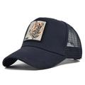 Navy blue trucker hat with tiger embroidery patch and mesh back for breathability - Adjustable / Navy Blue