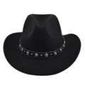 Black western cowboy hat with blue turquoise beads and silver studs on wool felt wide brim - M / Black