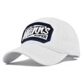 Detailed view of white cotton baseball cap with blue Kann's SUPER embroidered patch - White