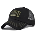 Black tactical baseball cap with olive green US flag embroidery and mesh back panel - Black