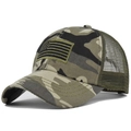 Detailed view of embroidery flag patch and mesh fabric on camouflage baseball cap - Camouflage