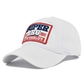 Close-up of white cotton baseball cap with red and blue Super Bro 3D embroidery detail - White