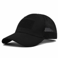 Detail van zwarte tactische pet met ademend mesh en klittenbandpaneel aan de voorzijde - Verstelbaar / Zwart
