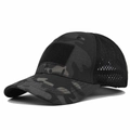 Detail van tactische camouflagepet met ademend mesh en klittenbandpaneel aan voorzijde - Verstelbaar / Camo Zwart