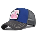 Cappellino trucker in rete blu e grigio con toppa ricamata fenicottero rosa e visiera - Regolabile / Blu